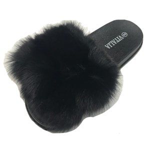 Women's Furry Open Toe Fluffy Pompom Slides Comfy Sandals - Black